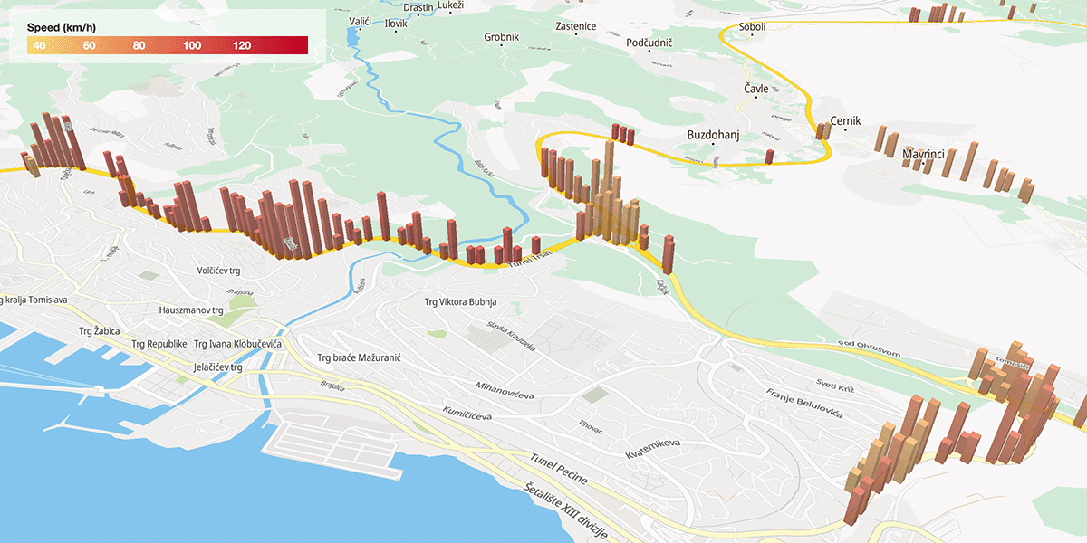 The map of locations with the most speeding events for Rijeka